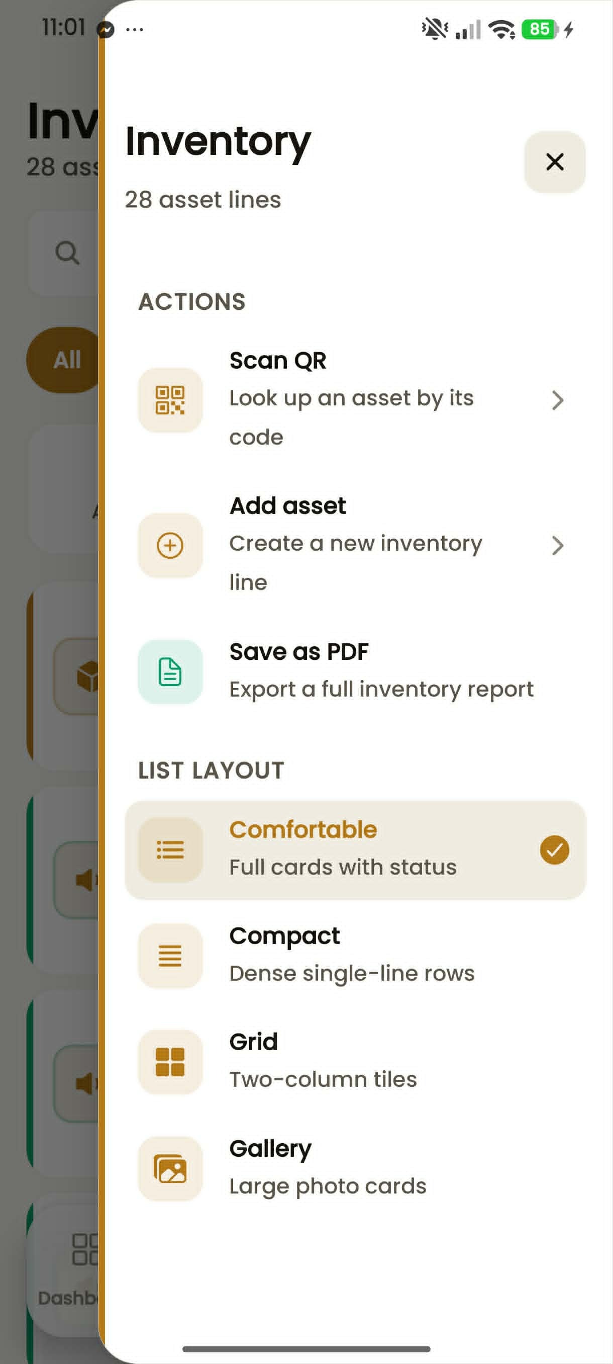 Inventory actions in light mode